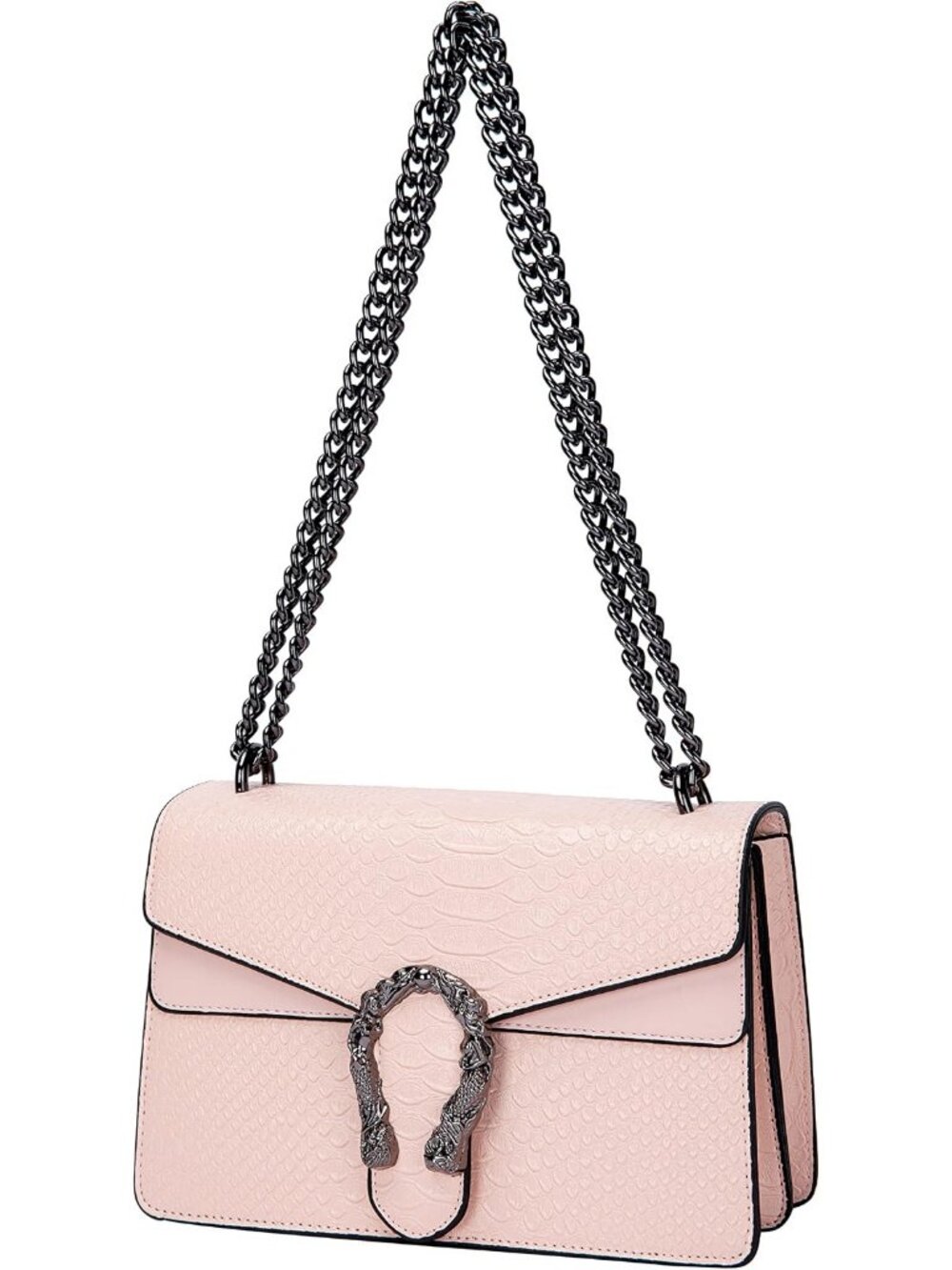Women's A Pink Leather Snake Print Vintage Purse Chain Crossbody Bag